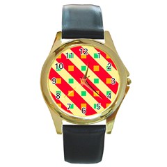 Squares And Stripes    			round Gold Metal Watch by LalyLauraFLM