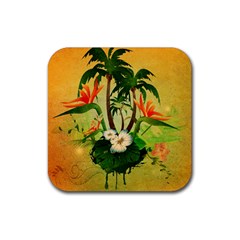 Tropical Design With Flowers And Palm Trees Rubber Coaster (square)  by FantasyWorld7