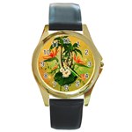 Tropical Design With Flowers And Palm Trees Round Gold Metal Watch