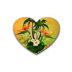 Tropical Design With Flowers And Palm Trees Rubber Coaster (heart)  by FantasyWorld7