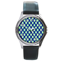 Mod Retro Green Circles On Blue Round Metal Watch by BrightVibesDesign