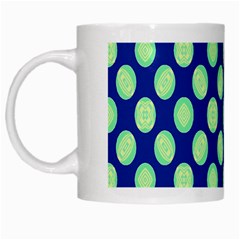 Mod Retro Green Circles On Blue White Mugs by BrightVibesDesign