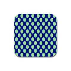 Mod Retro Green Circles On Blue Rubber Square Coaster (4 Pack)  by BrightVibesDesign