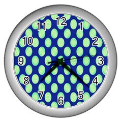 Mod Retro Green Circles On Blue Wall Clocks (silver)  by BrightVibesDesign