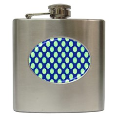 Mod Retro Green Circles On Blue Hip Flask (6 Oz) by BrightVibesDesign