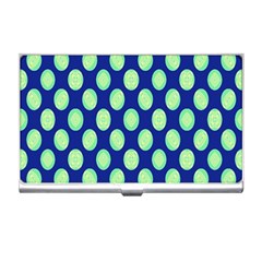 Mod Retro Green Circles On Blue Business Card Holders by BrightVibesDesign