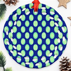 Mod Retro Green Circles On Blue Ornament (round Filigree)  by BrightVibesDesign