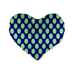 Mod Retro Green Circles On Blue Standard 16  Premium Flano Heart Shape Cushions