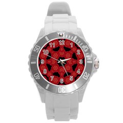 Stylized Floral Check Round Plastic Sport Watch (l) by dflcprints