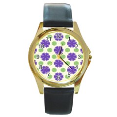 Purple Flowers Pattern        			round Gold Metal Watch by LalyLauraFLM