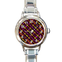 Stylized Floral Stripes Collage Pattern Round Italian Charm Watch by dflcprints