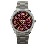 Stylized Floral Stripes Collage Pattern Sport Metal Watch Front