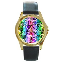 Multicolor Geometric Grunge Round Gold Metal Watch by dflcprints