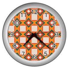 Flowers and squares pattern     			Wall Clock (Silver)