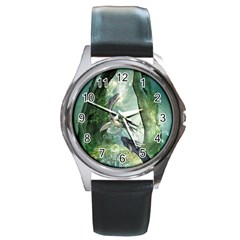 Awesome Seadraon In A Fantasy World With Bubbles Round Metal Watch by FantasyWorld7