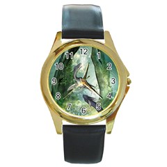 Awesome Seadraon In A Fantasy World With Bubbles Round Gold Metal Watch by FantasyWorld7