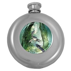 Awesome Seadraon In A Fantasy World With Bubbles Round Hip Flask (5 Oz) by FantasyWorld7