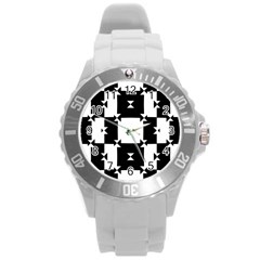 Black And White Check Pattern Round Plastic Sport Watch (l) by dflcprints