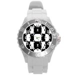 Black And White Check Pattern Round Plastic Sport Watch (L) Front