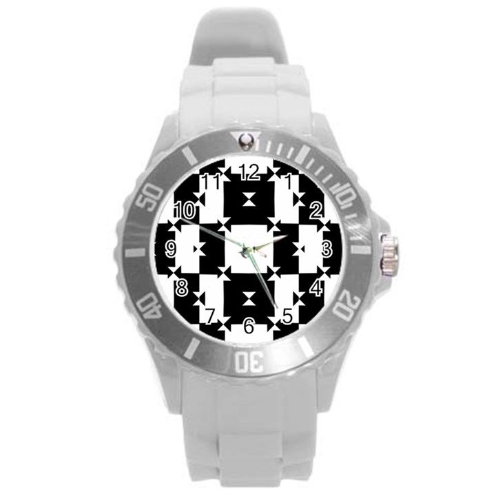 Black And White Check Pattern Round Plastic Sport Watch (L)