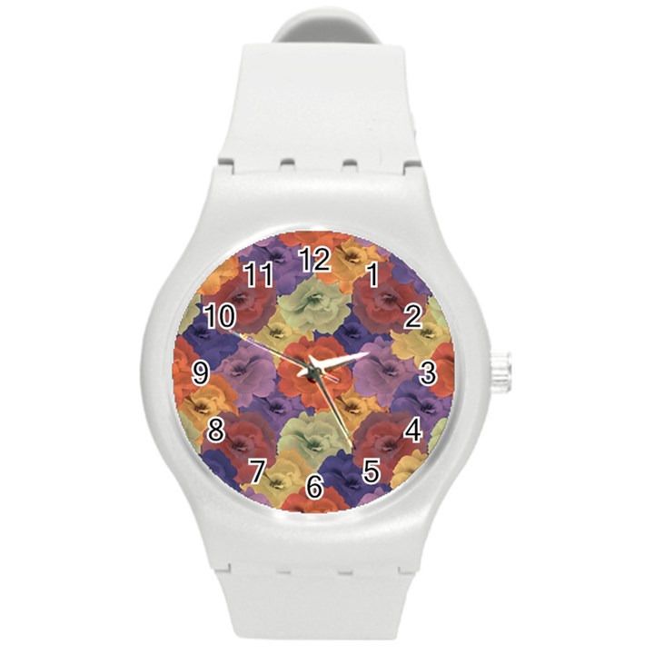 Vintage Floral Collage Pattern Round Plastic Sport Watch (M)