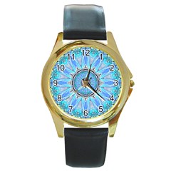 Sapphire Ice Flame, Light Bright Crystal Wheel Round Gold Metal Watch by DianeClancy