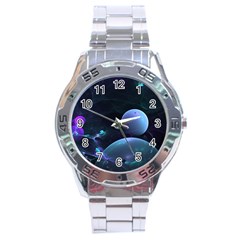 The Music Of My Goddess, Abstract Cyan Mystery Planet Stainless Steel Analogue Watch by DianeClancy