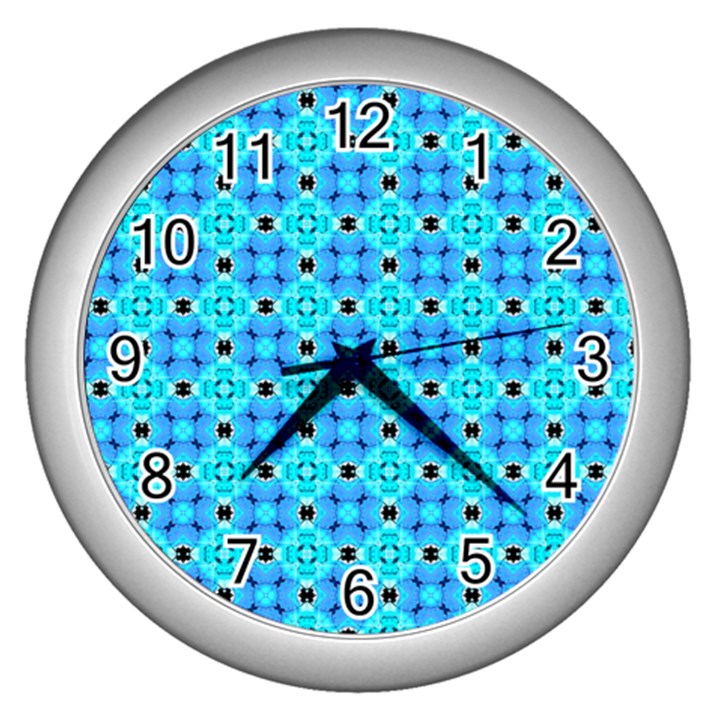 Vibrant Modern Abstract Lattice Aqua Blue Quilt Wall Clocks (Silver) 