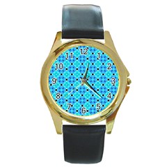 Vibrant Modern Abstract Lattice Aqua Blue Quilt Round Gold Metal Watch by DianeClancy