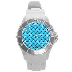 Vibrant Modern Abstract Lattice Aqua Blue Quilt Round Plastic Sport Watch (l) by DianeClancy