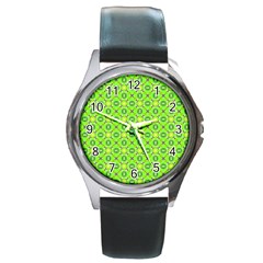 Vibrant Abstract Tropical Lime Foliage Lattice Round Metal Watch by DianeClancy