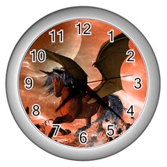 Wonderful Dark Unicorn In The Night Wall Clocks (silver)  by FantasyWorld7