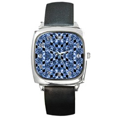 Indigo Check Ornate Print Square Metal Watch by dflcprints