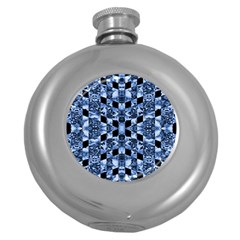 Indigo Check Ornate Print Round Hip Flask (5 Oz) by dflcprints