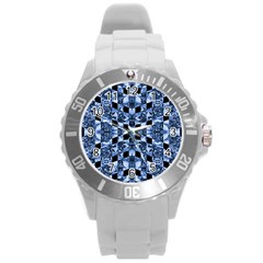 Indigo Check Ornate Print Round Plastic Sport Watch (l) by dflcprints