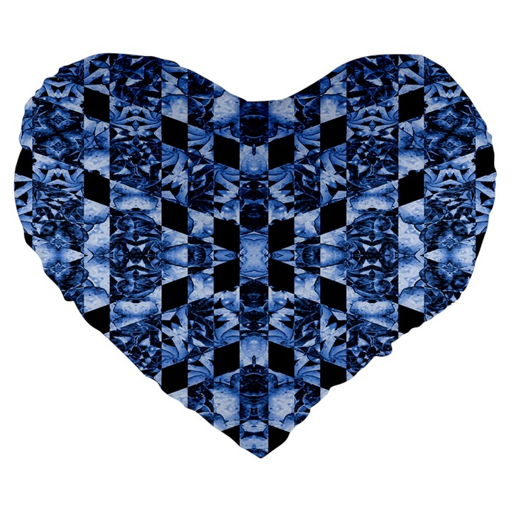 Indigo Check Ornate Print Large 19  Premium Flano Heart Shape Cushions