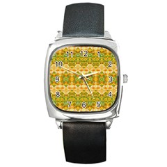 Boho Stylized Floral Stripes Square Metal Watch by dflcprints