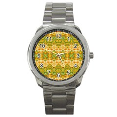 Boho Stylized Floral Stripes Sport Metal Watch by dflcprints