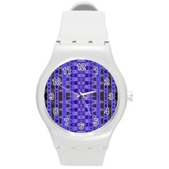 Blue Black Geometric Pattern Round Plastic Sport Watch (m) by BrightVibesDesign