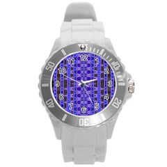 Blue Black Geometric Pattern Round Plastic Sport Watch (l) by BrightVibesDesign