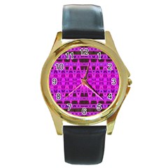 Bright Pink Black Geometric Pattern Round Gold Metal Watch by BrightVibesDesign