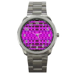 Bright Pink Black Geometric Pattern Sport Metal Watch by BrightVibesDesign