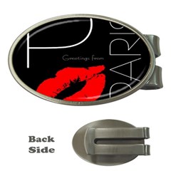 Greetings From Paris Red Lipstick Kiss Black Postcard Money Clips (oval)  by yoursparklingshop