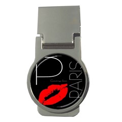 Greetings From Paris Red Lipstick Kiss Black Postcard Money Clips (round)  by yoursparklingshop