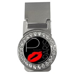 Greetings From Paris Red Lipstick Kiss Black Postcard Money Clips (cz)  by yoursparklingshop