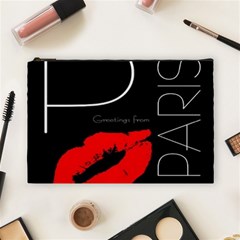 Greetings From Paris Red Lipstick Kiss Black Postcard Cosmetic Bag (large)  by yoursparklingshop