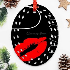 Greetings From Paris Red Lipstick Kiss Black Postcard Oval Filigree Ornament (2-side) 