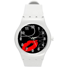 Greetings From Paris Red Lipstick Kiss Black Postcard Round Plastic Sport Watch (m) by yoursparklingshop