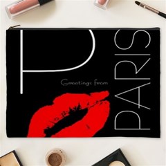 Greetings From Paris Red Lipstick Kiss Black Postcard Cosmetic Bag (xxxl)  by yoursparklingshop