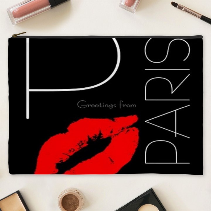 Greetings From Paris Red Lipstick Kiss Black Postcard Cosmetic Bag (XXXL) 